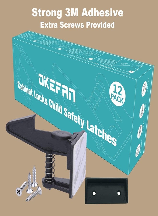 OKEFAN Cabinet Locks Child Safety Latches - OKEFAN 12 Pack Baby Proofing Cabinets Drawer Lock Adhesive Latch for Kids Proof Drawers No Drilling Tools Needed (Black) - Image 2
