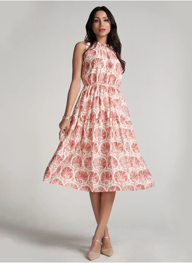 Zigzag Waist And Neck Detailed Printed Dress-Pink Print