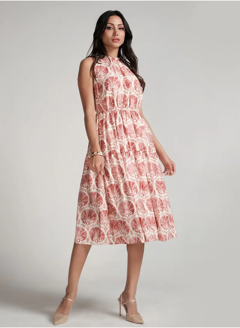 Zigzag Waist And Neck Detailed Printed Dress-Pink Print