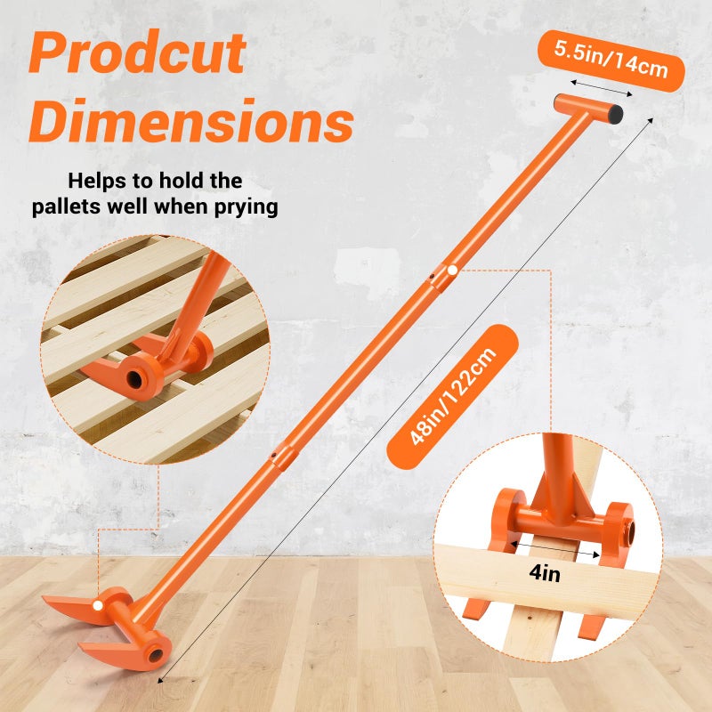 AugFir 48" Pallet Buster, 110 Degree Decking Pry Bar, Heavy Duty Carbon Steel Deck Board Removal Tool for Deck, Pallet, Standing Hardwood Board Demolition Without Lower Back Pain & Knee Pain (Orange) - Image 2