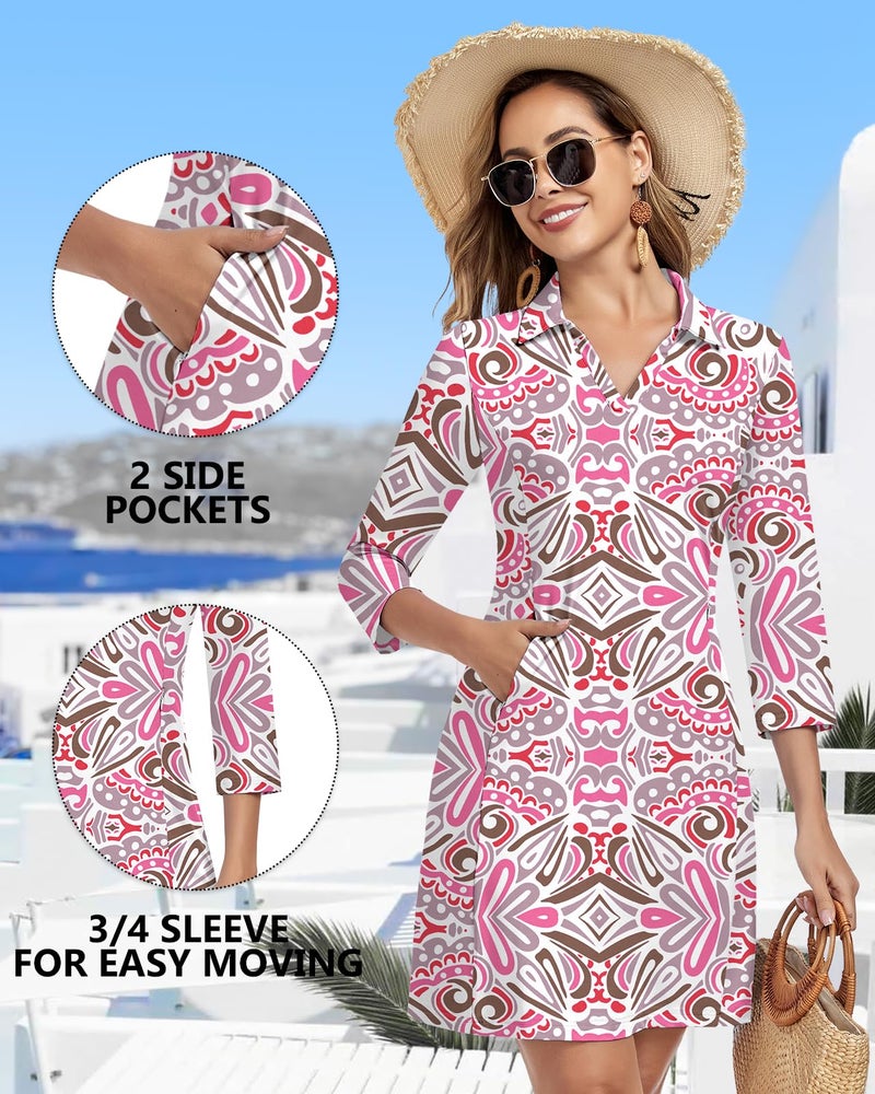 WOWENY 3/4 Sleeve Dress for Women with Pockets V Neck UPF 50+ Casual Sun Dress Breathable Quick Dry Beach Vacation (Pink Pattern, M) - Image 3