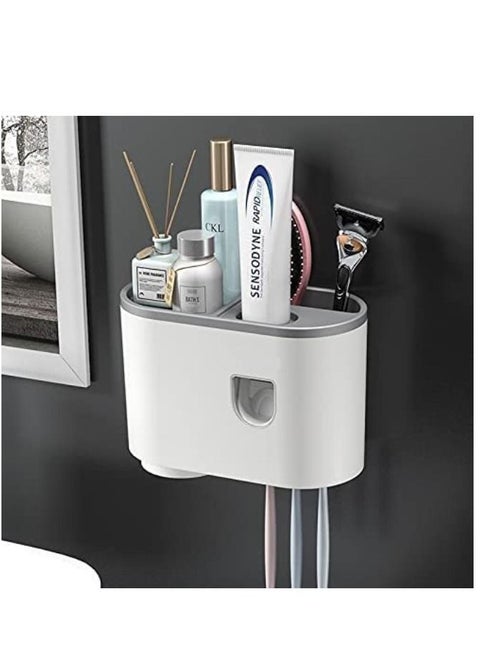 Plastic Wall Toothbrush Holder Automatic Toothpaste Dispenser Squeezer Multi-Functional Toothbrush Organizer With Soap Holder 4 Dustproof Toothbrush Slot 1 Magnetic Cups 1 Organizer