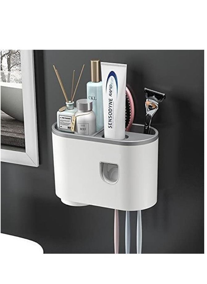 Generic - Plastic Wall Toothbrush Holder Automatic Toothpaste Dispenser Squeezer Multi-Functional Toothbrush Organizer With Soap Holder 4 Dustproof Toothbrush Slot 1 Magnetic Cups 1 Organizer - Image 1