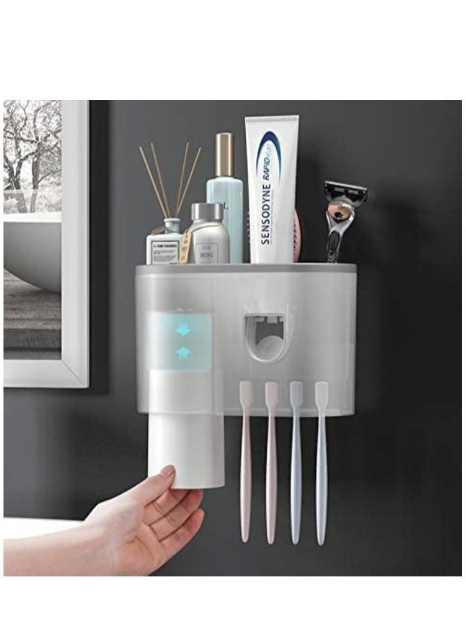 Generic - Plastic Wall Toothbrush Holder Automatic Toothpaste Dispenser Squeezer Multi-Functional Toothbrush Organizer With Soap Holder 4 Dustproof Toothbrush Slot 1 Magnetic Cups 1 Organizer - Image 1