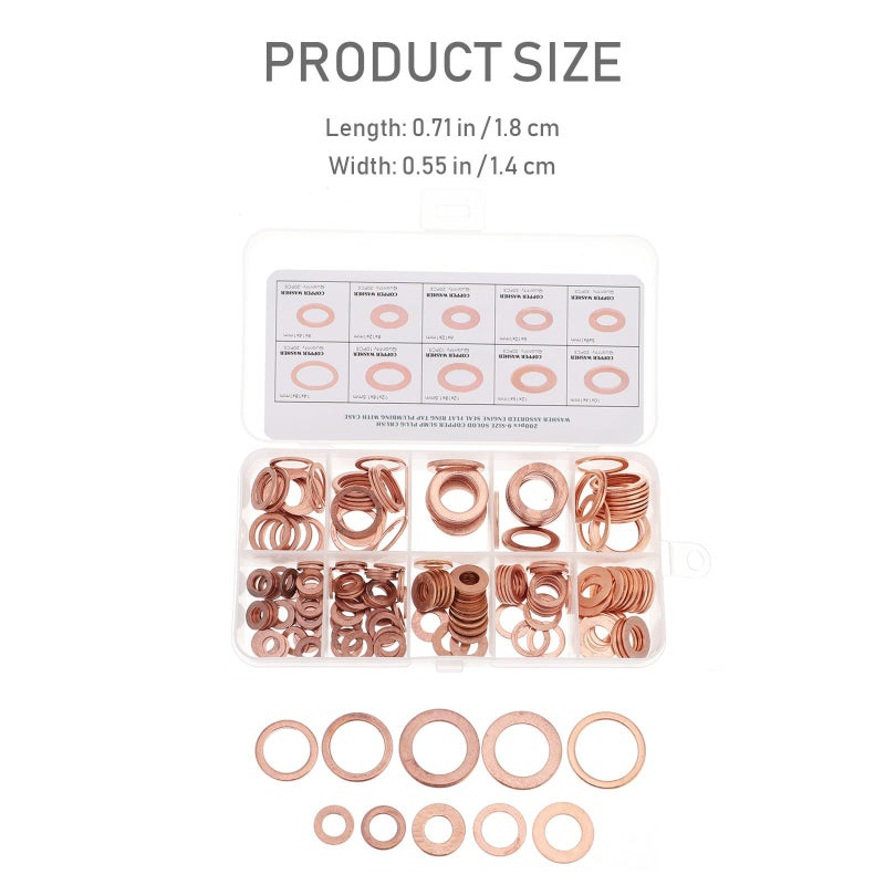 Copper Oil Seal Washer Kit 200pcs Flat Gasket Set Automotive Industrial Sealing Assorted Sizes - Image 3