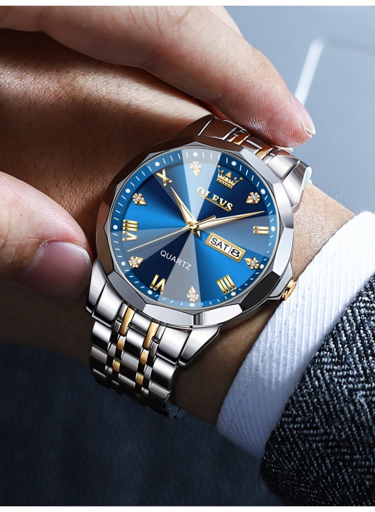 أوليفز ساعات OLEVS للرجال مقاومة للماء من الفولاذ المقاوم للصدأ بتقويم مزدوج ومينا ألماس فاخر للأعمال كوارتز مضيئة للرجال - Image 2