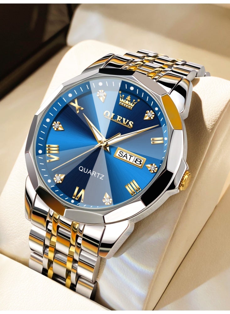 أوليفز ساعات OLEVS للرجال مقاومة للماء من الفولاذ المقاوم للصدأ بتقويم مزدوج ومينا ألماس فاخر للأعمال كوارتز مضيئة للرجال - Image 1