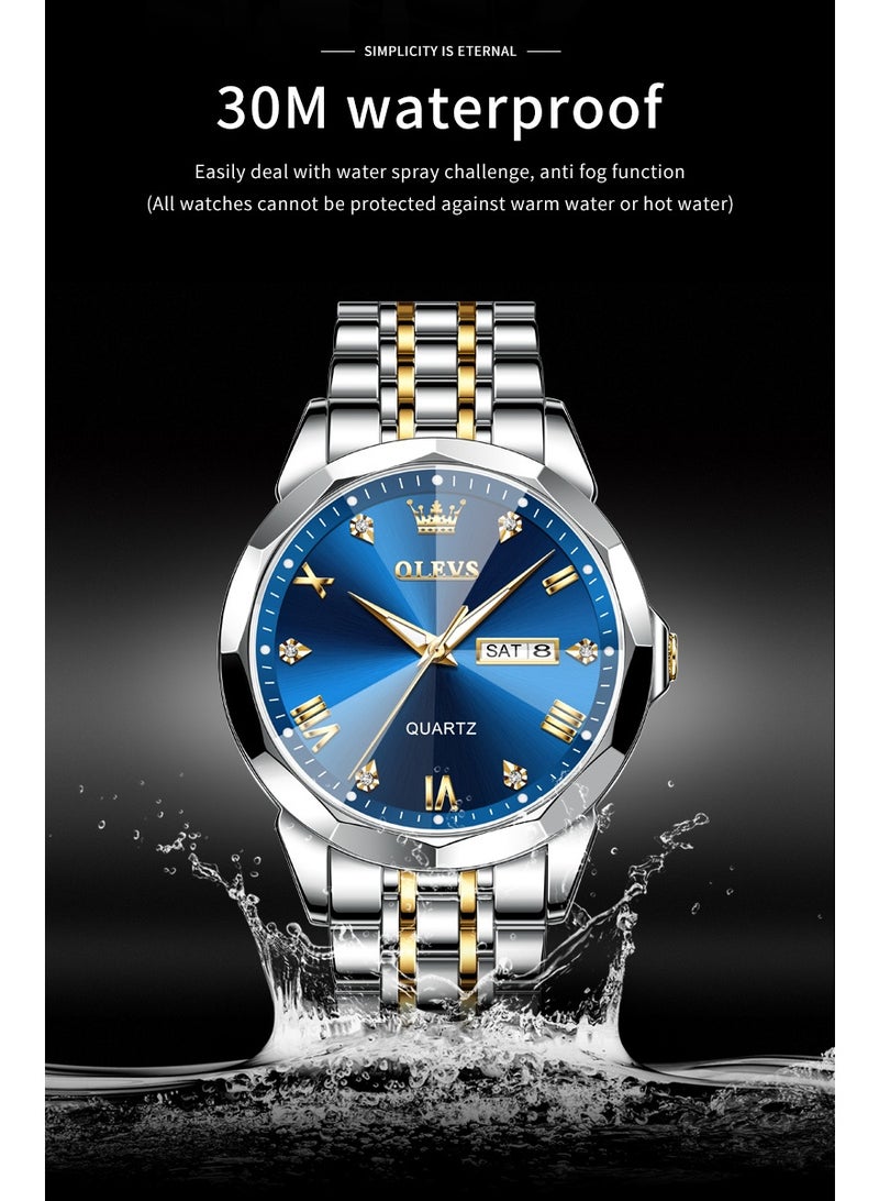 أوليفز ساعات OLEVS للرجال مقاومة للماء من الفولاذ المقاوم للصدأ بتقويم مزدوج ومينا ألماس فاخر للأعمال كوارتز مضيئة للرجال - Image 5