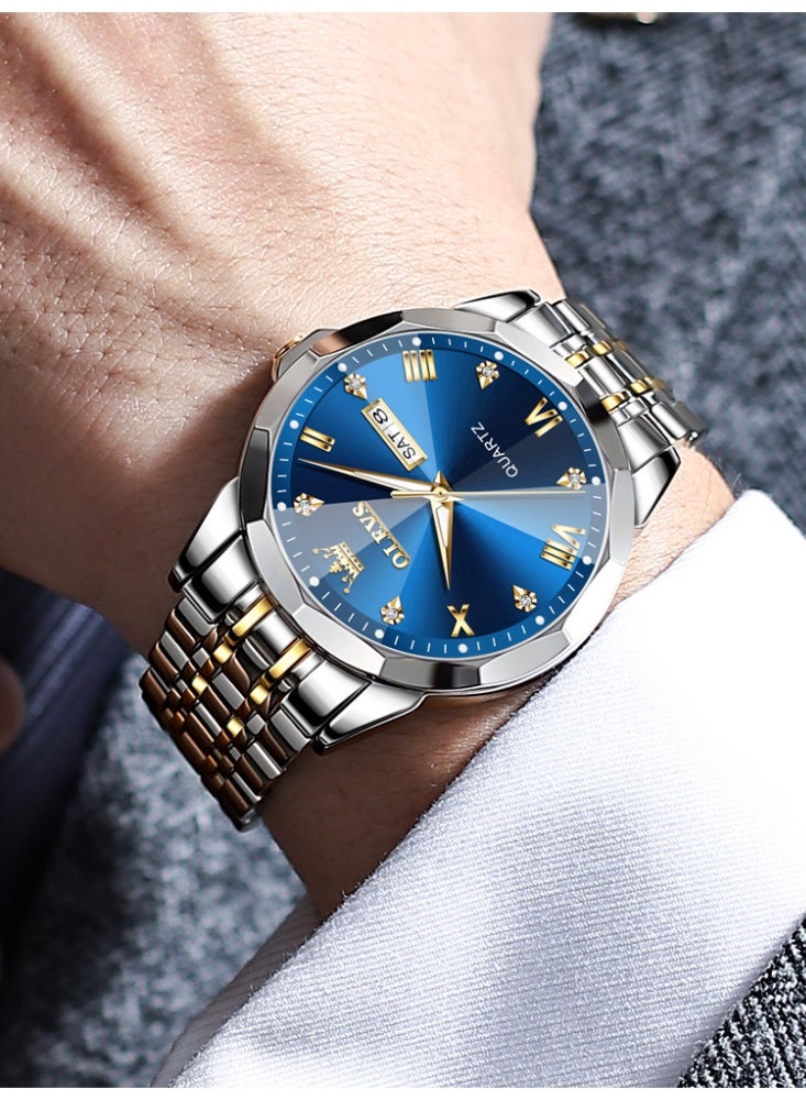 أوليفز ساعات OLEVS للرجال مقاومة للماء من الفولاذ المقاوم للصدأ بتقويم مزدوج ومينا ألماس فاخر للأعمال كوارتز مضيئة للرجال - Image 3