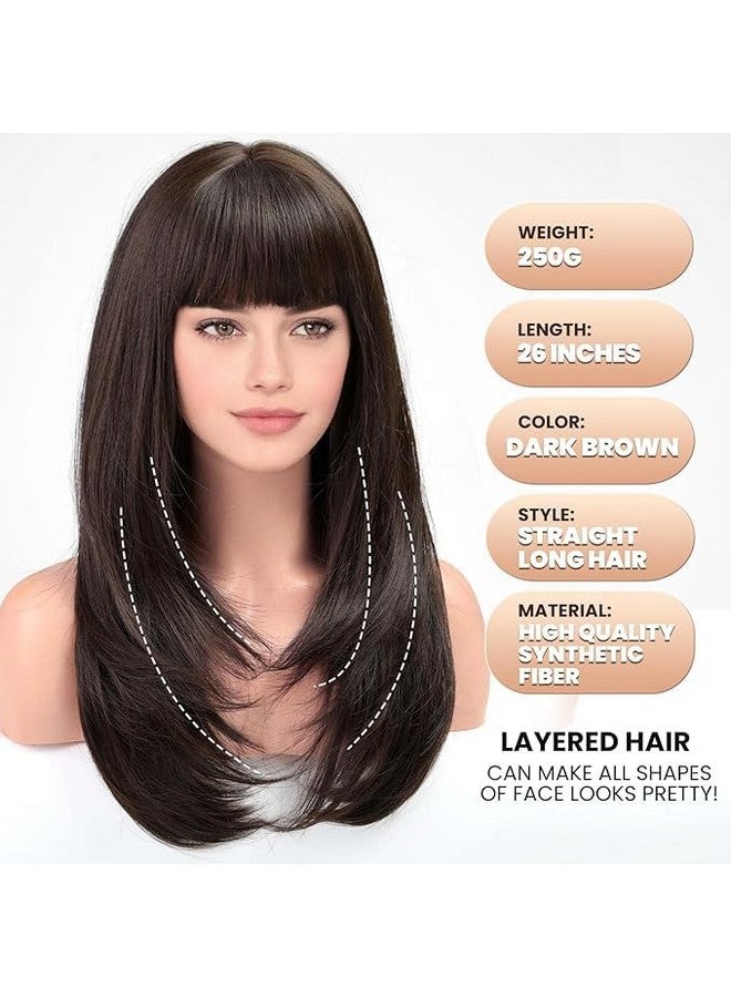 Thrift Bazaar Dark Brown Wig With Bangs For Women Long Straight Layered Wigs Synthetic Layered Hairstyle For Girls Party Cosplay And Daily Use(26" Dark Brown) - Image 3