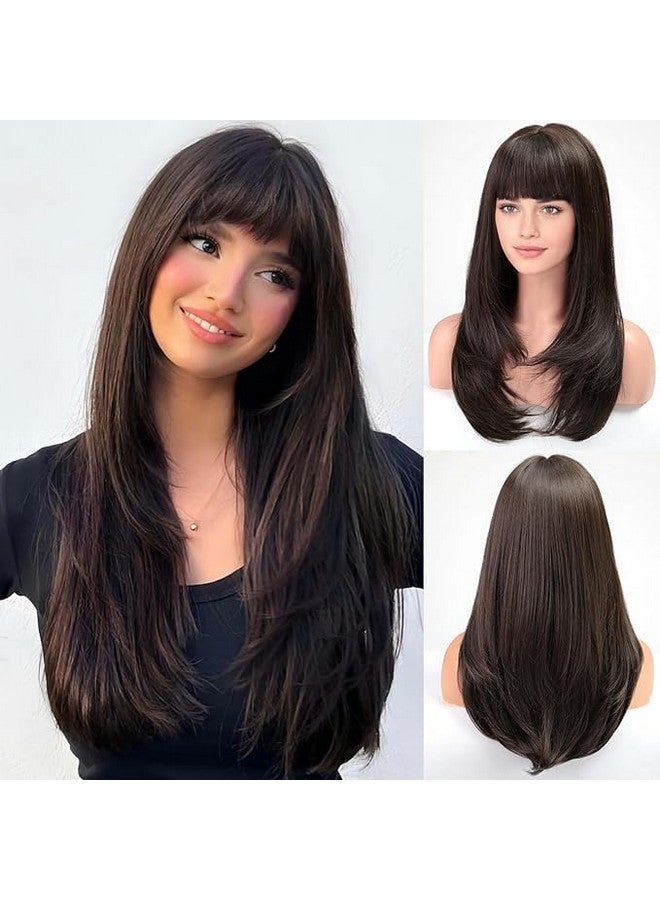 Thrift Bazaar Dark Brown Wig With Bangs For Women Long Straight Layered Wigs Synthetic Layered Hairstyle For Girls Party Cosplay And Daily Use(26" Dark Brown) - Image 1