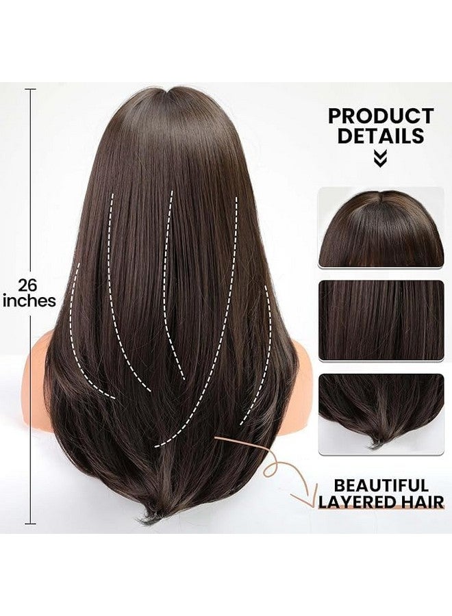 Thrift Bazaar Dark Brown Wig With Bangs For Women Long Straight Layered Wigs Synthetic Layered Hairstyle For Girls Party Cosplay And Daily Use(26" Dark Brown) - Image 4