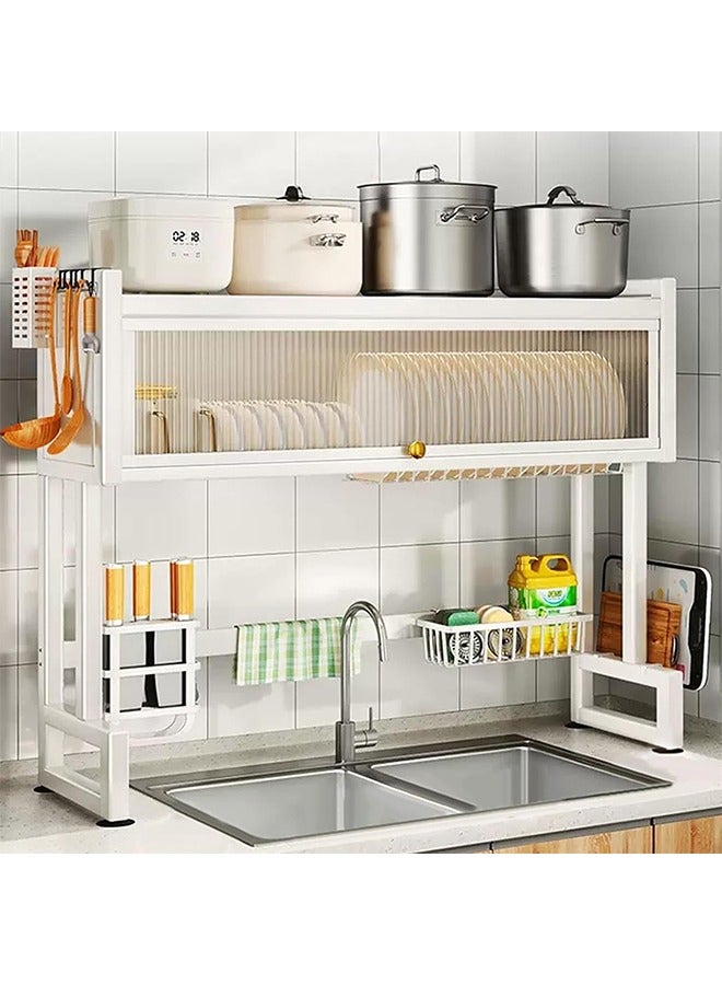 تايمي مجفف صحون - رف تجفيف الأطباق فوق الحوض بثلاثة مستويات مع غطاء - منظم مطبخ وحامل اطباق وادوات المائدة موفر للمساحة مقاس 95سم أبيض - Image 2