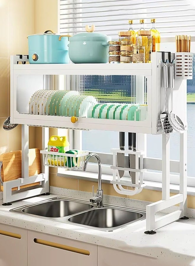 تايمي مجفف صحون - رف تجفيف الأطباق فوق الحوض بثلاثة مستويات مع غطاء - منظم مطبخ وحامل اطباق وادوات المائدة موفر للمساحة مقاس 95سم أبيض - Image 3