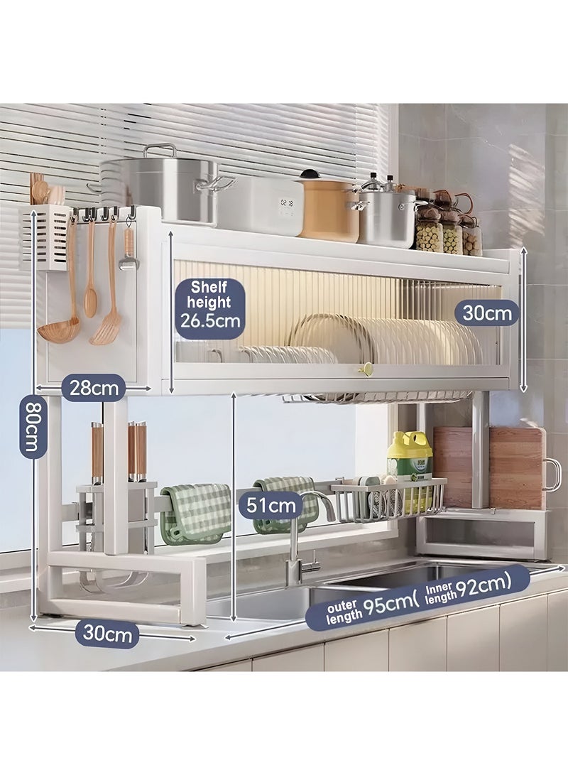 تايمي مجفف صحون - رف تجفيف الأطباق فوق الحوض بثلاثة مستويات مع غطاء - منظم مطبخ وحامل اطباق وادوات المائدة موفر للمساحة مقاس 95سم أبيض - Image 1