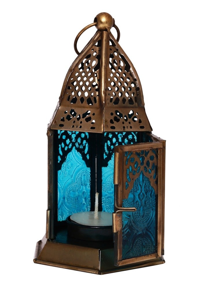 HILALFUL Handmade Decorative Candle Lantern, Small | Suitable for Indoor & Outdoor Décor | Moroccon Arabian Style | For Home Decoration in Ramadan, Eid | Iron | Islamic Gift | Turquoise Glass - Image 1