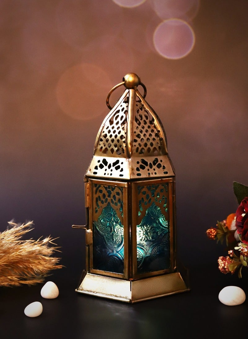 HILALFUL Handmade Decorative Candle Lantern, Small | Suitable for Indoor & Outdoor Décor | Moroccon Arabian Style | For Home Decoration in Ramadan, Eid | Iron | Islamic Gift | Turquoise Glass - Image 2