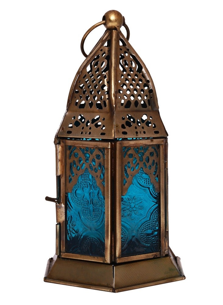 HILALFUL Handmade Decorative Candle Lantern, Small | Suitable for Indoor & Outdoor Décor | Moroccon Arabian Style | For Home Decoration in Ramadan, Eid | Iron | Islamic Gift | Turquoise Glass - Image 3