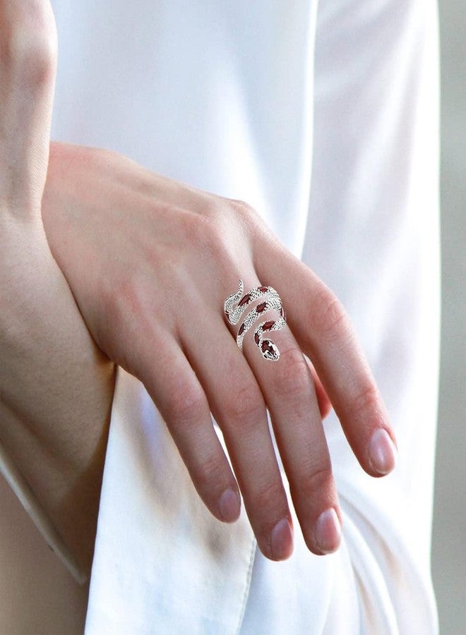 HAIXIAN Snake Ring, Gothic Punk Style, Silver plated Open Wrap Design, Women's Cocktail Party Jewelry Fashion (Ring_A_Reds, Adjustable) - Image 4
