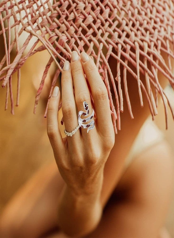 HAIXIAN Snake Ring, Gothic Punk Style, Silver plated Open Wrap Design, Women's Cocktail Party Jewelry Fashion (Ring_A_Reds, Adjustable) - Image 2