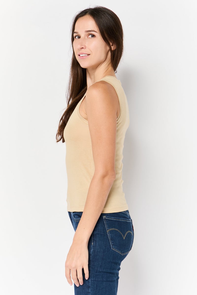 GAP Women Crew Neck Sleeveless Plain Tank Top, Beige - Image 3