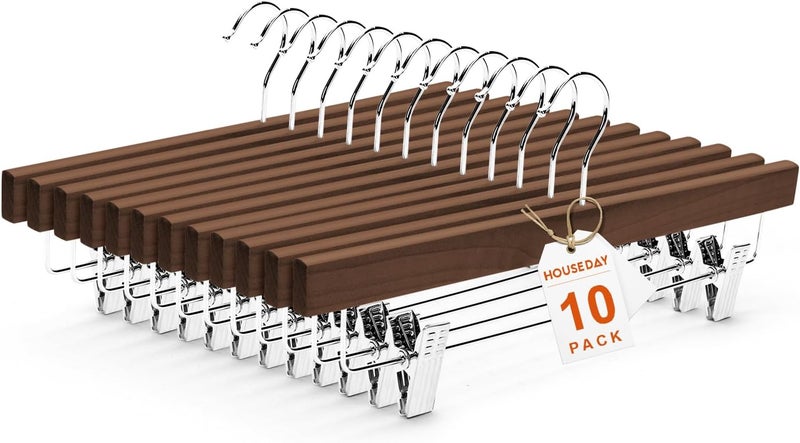 HOUSE DAY 10-Pack Walnut Wood Skirt Hangers - 14" with Adjustable Clips & 360° Hook - Image 1