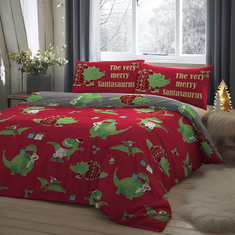 Bedlam  Christmas Dinosaur Duvet Cover  Single Bedding Size 140 x 200cm  Reversible 2 Colours  1x Pillowcase Included  Santasaurus Cartoon Childrens Christmas Duvet Cover Christmas Bedding