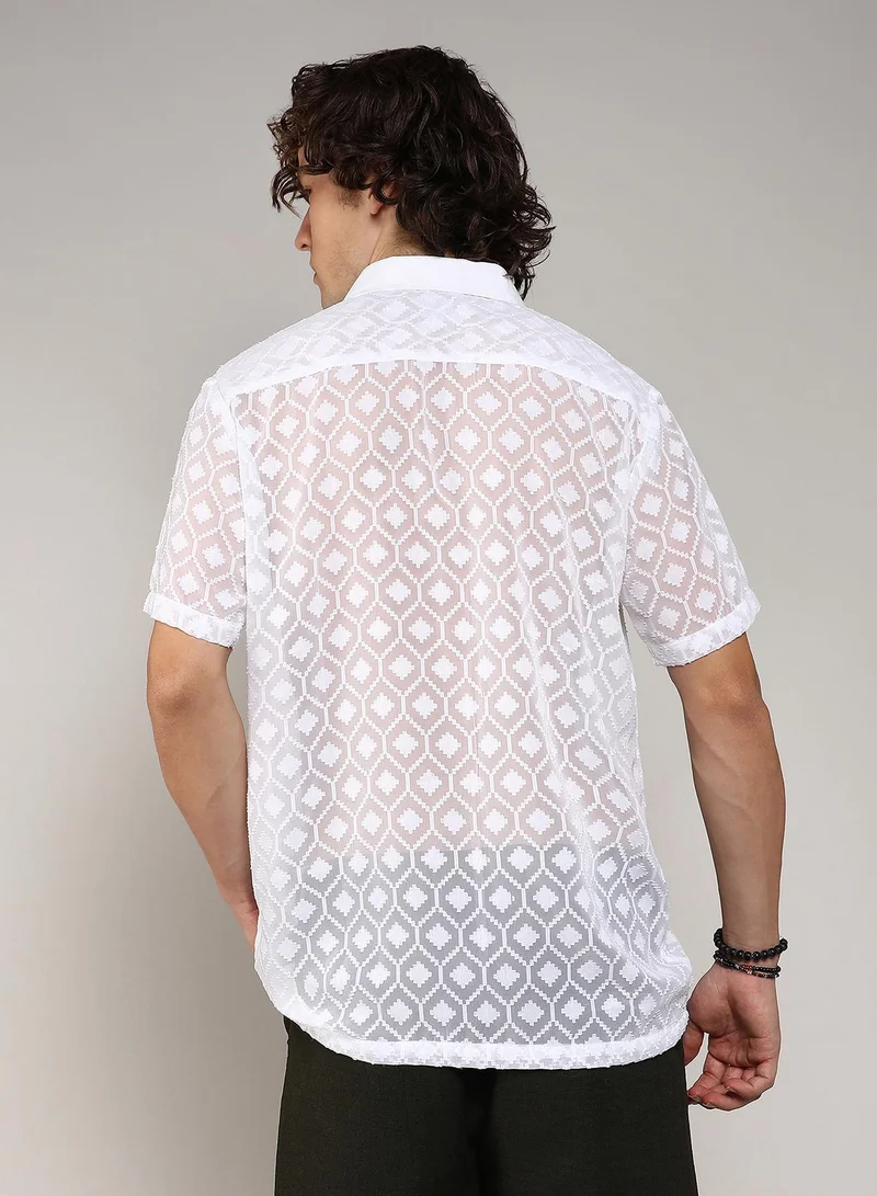 Campus Sutra Men's Chalk White Self-Design Cubic Shirt