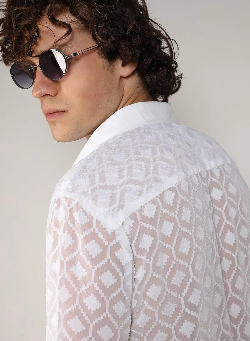 Campus Sutra Men's Chalk White Self-Design Cubic Shirt