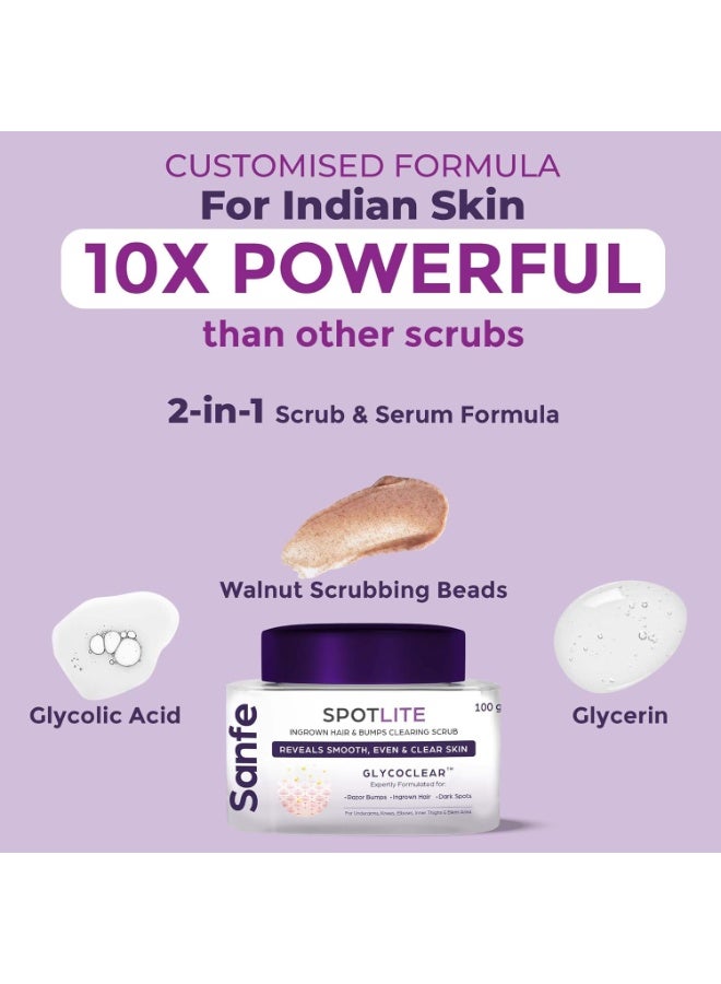 Sanfe Spotlite Ingrown Hair & Bumps Clearing Body Scrub For Dark Underarms, Inner Thighs And Sensitive Areas | 3X Quicker Penetration With Glycoclear | 10% Glycolic Acid, Walnut Beads | Helps in Depigmentation - 50gm, For Indian Women Skin - Image 5