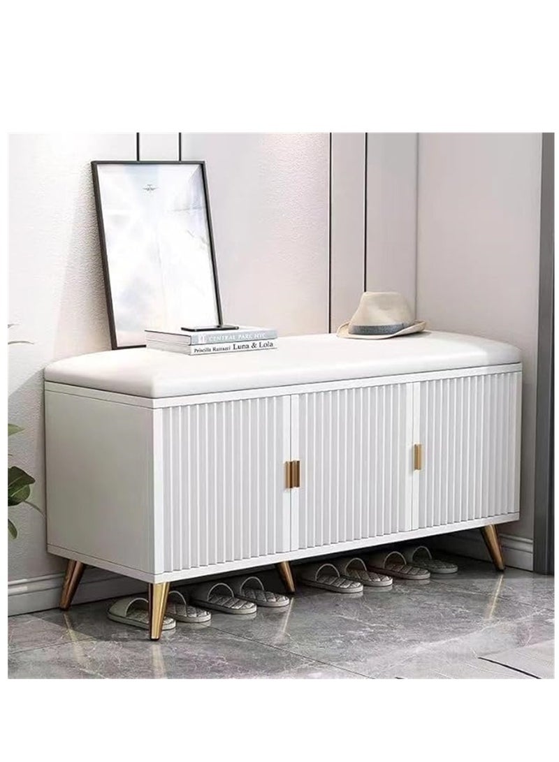 Wooden Shoe Bench, Modern Shoe Cabinet with Storage and Leather Cushion Seat for Shoe Changing and Shoe Organizer, For Home Entryway Hallway Bedroom Living Room, (White) - Image 1