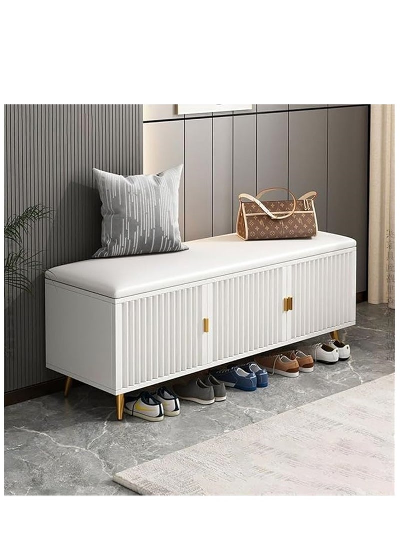 Wooden Shoe Bench, Modern Shoe Cabinet with Storage and Leather Cushion Seat for Shoe Changing and Shoe Organizer, For Home Entryway Hallway Bedroom Living Room, (White) - Image 2