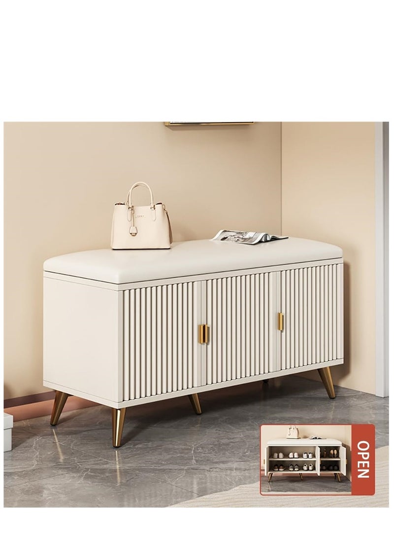 Wooden Shoe Bench, Modern Shoe Cabinet with Storage and Leather Cushion Seat for Shoe Changing and Shoe Organizer, For Home Entryway Hallway Bedroom Living Room, (White) - Image 3