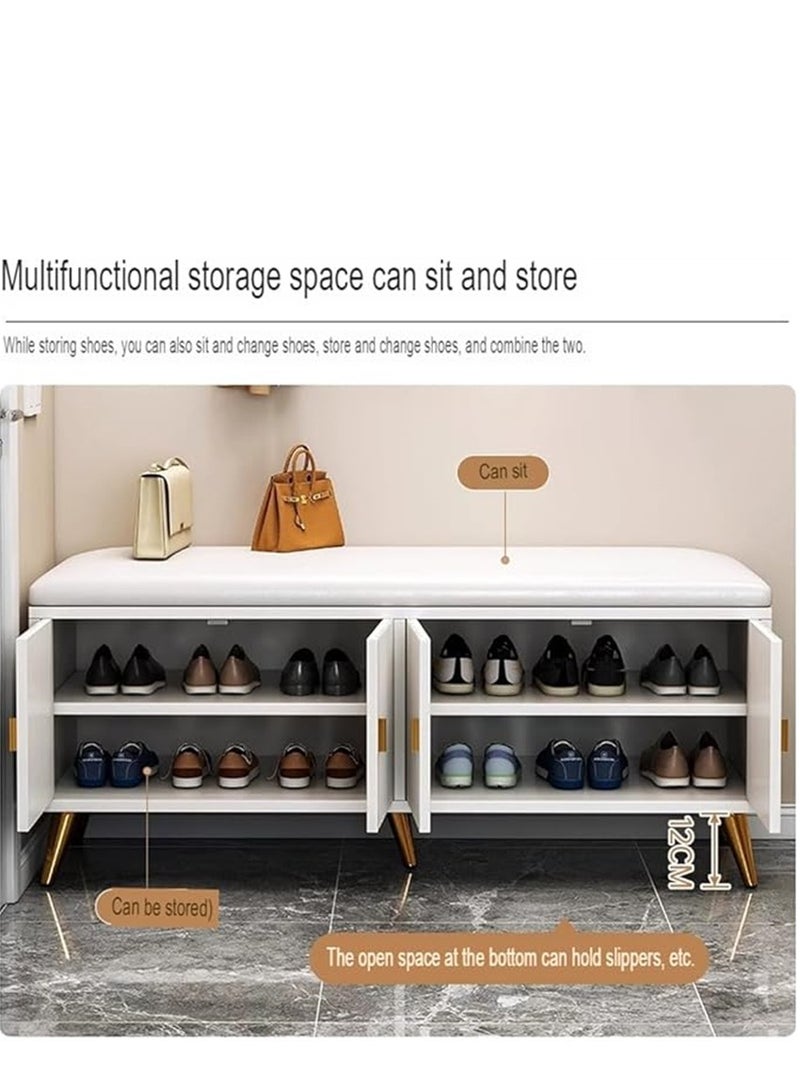 Wooden Shoe Bench, Modern Shoe Cabinet with Storage and Leather Cushion Seat for Shoe Changing and Shoe Organizer, For Home Entryway Hallway Bedroom Living Room, (White) - Image 4