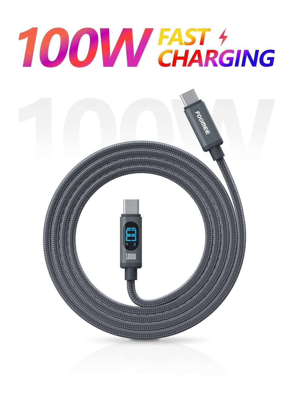 فومي كابل فومي USB-C 4 قدم نايلون مضفر مع شاشة LED، شحن 100 واط