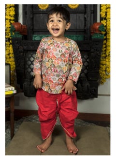 Polka Tots Polka Tots Full Sleeves Floral Print Angrakha with Dhoti - Red  - Image 1