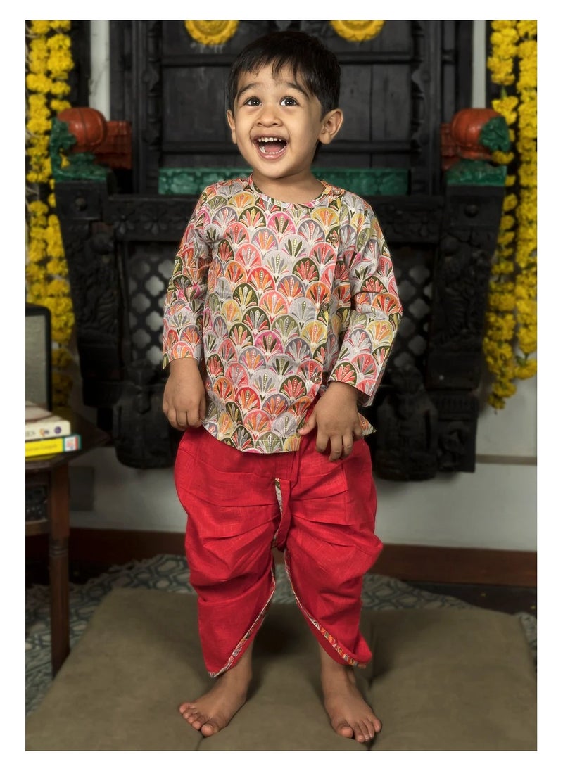 Polka Tots - Polka Tots Full Sleeves Floral Print Angrakha with Dhoti - Red - Image 1