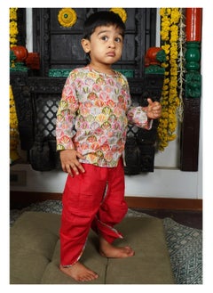 Polka Tots Polka Tots Full Sleeves Floral Print Angrakha with Dhoti - Red  - Image 2