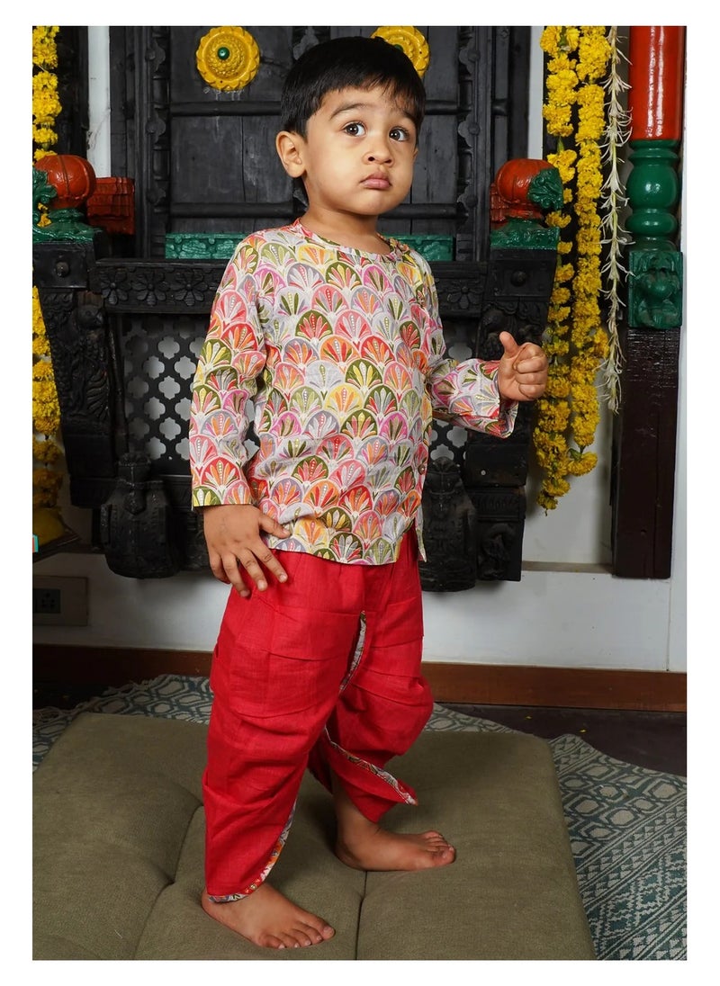 Polka Tots - Polka Tots Full Sleeves Floral Print Angrakha with Dhoti - Red - Image 1