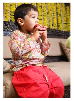 Polka Tots Polka Tots Full Sleeves Floral Print Angrakha with Dhoti - Red  - Image 3