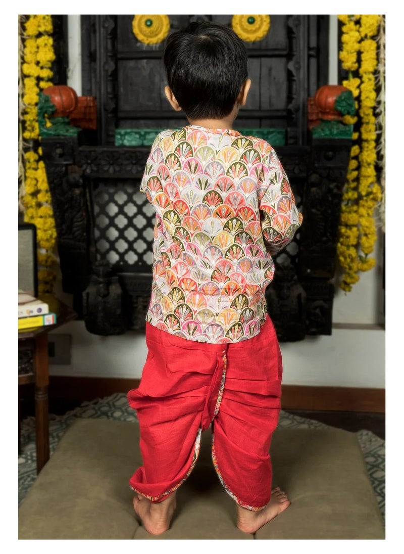 Polka Tots - Polka Tots Full Sleeves Floral Print Angrakha with Dhoti - Red - Image 1