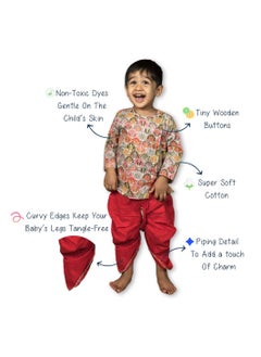 Polka Tots Polka Tots Full Sleeves Floral Print Angrakha with Dhoti - Red  - Image 5