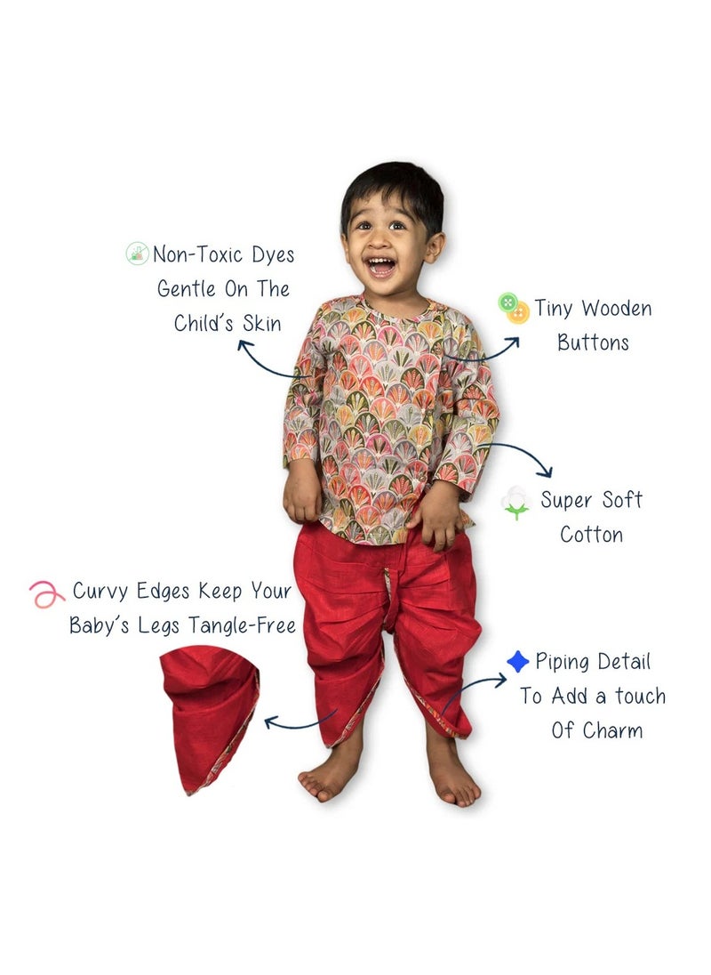 Polka Tots - Polka Tots Full Sleeves Floral Print Angrakha with Dhoti - Red - Image 1