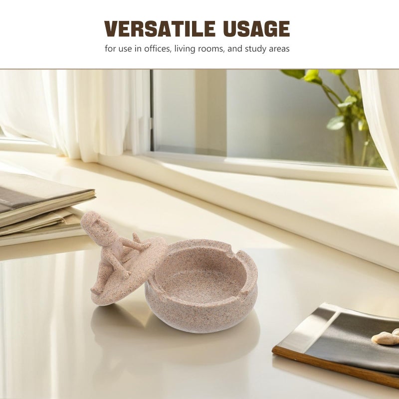 Resin Round Yoga Stone Ashtray With Lid Sandstone Color Desktop Ash Holder Bowl - Image 4