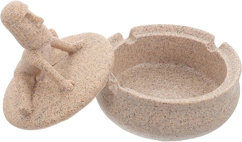 Resin Round Yoga Stone Ashtray With Lid Sandstone Color Desktop Ash Holder Bowl - Image 1