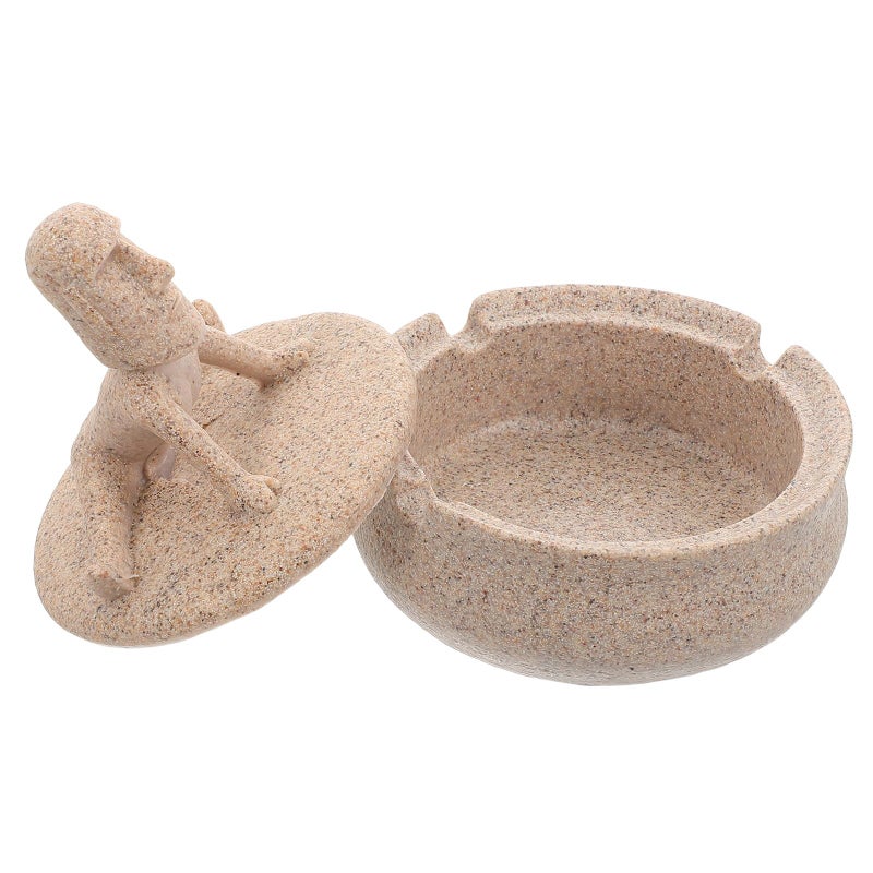 Resin Round Yoga Stone Ashtray With Lid Sandstone Color Desktop Ash Holder Bowl - Image 2