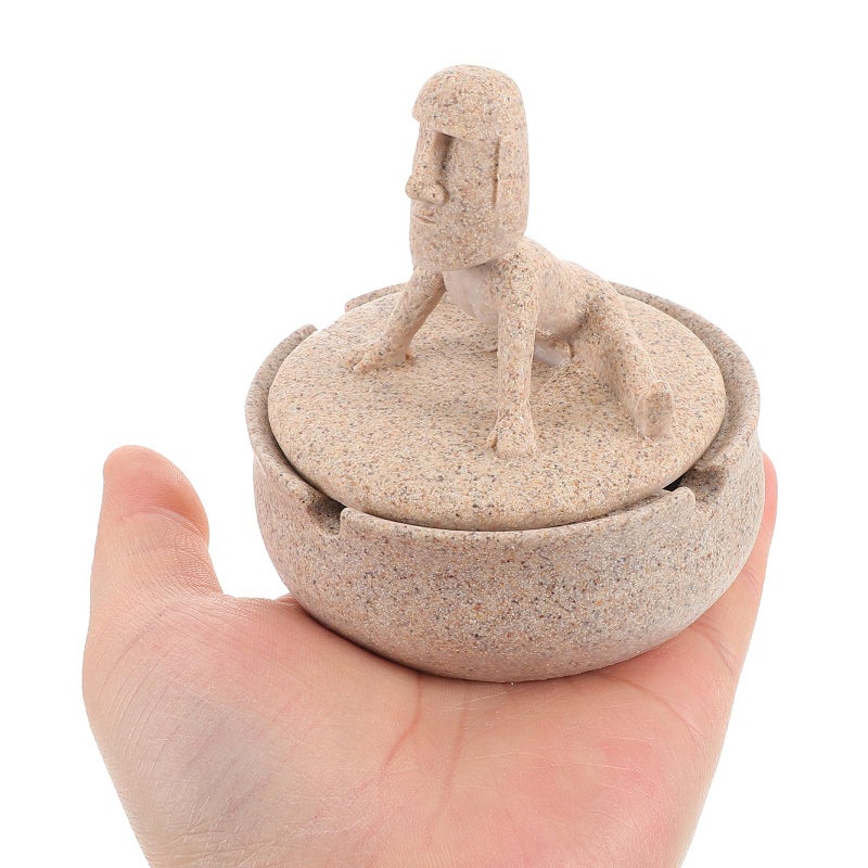 Resin Round Yoga Stone Ashtray With Lid Sandstone Color Desktop Ash Holder Bowl - Image 5