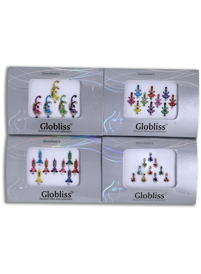 Globliss 4 Packs Crystal Indian Bindis Multicolored jewels face Gems Forehead Sticker - Image 1