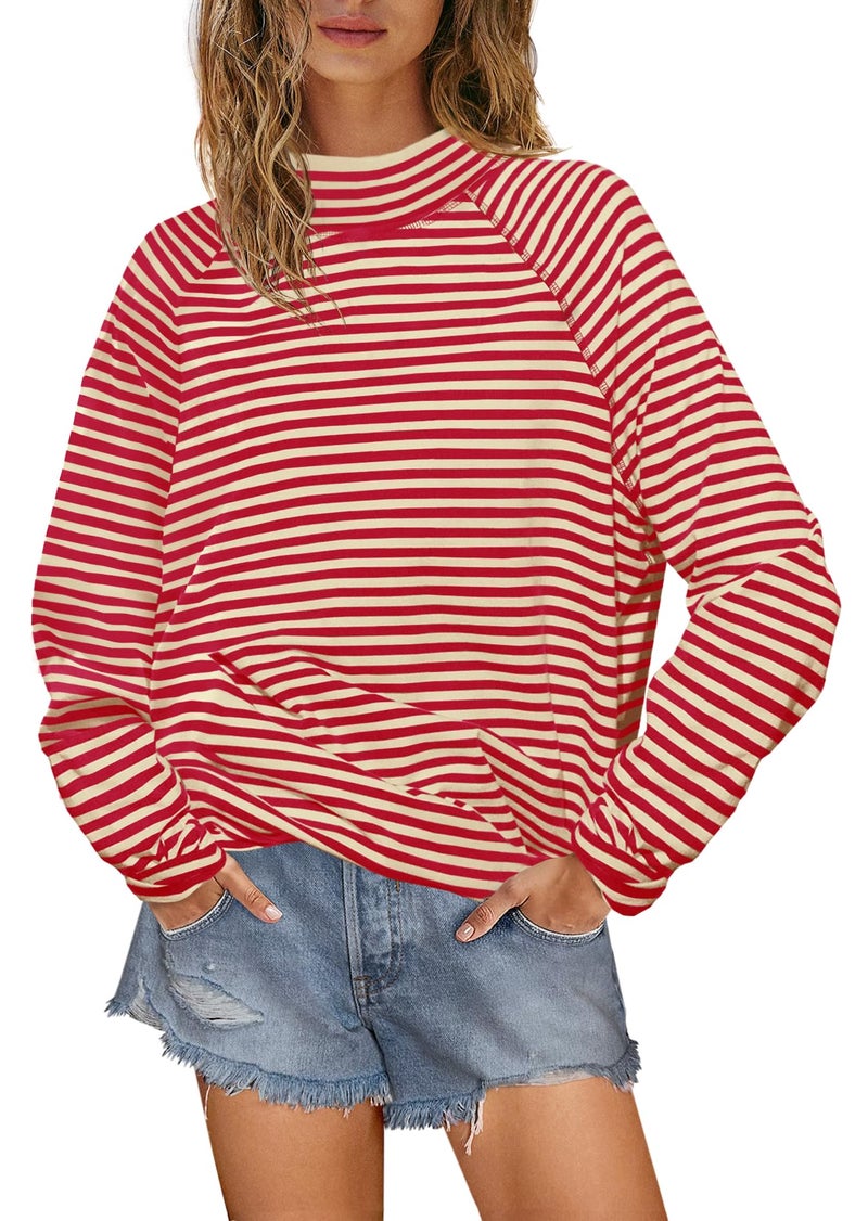 Yanekop Womens Striped Mock Neck Shirts Oversized Long Sleeve Tops Casual Pullover Tops Fall Fashion Basic Tees(Beige Red Combo,L) - Image 1
