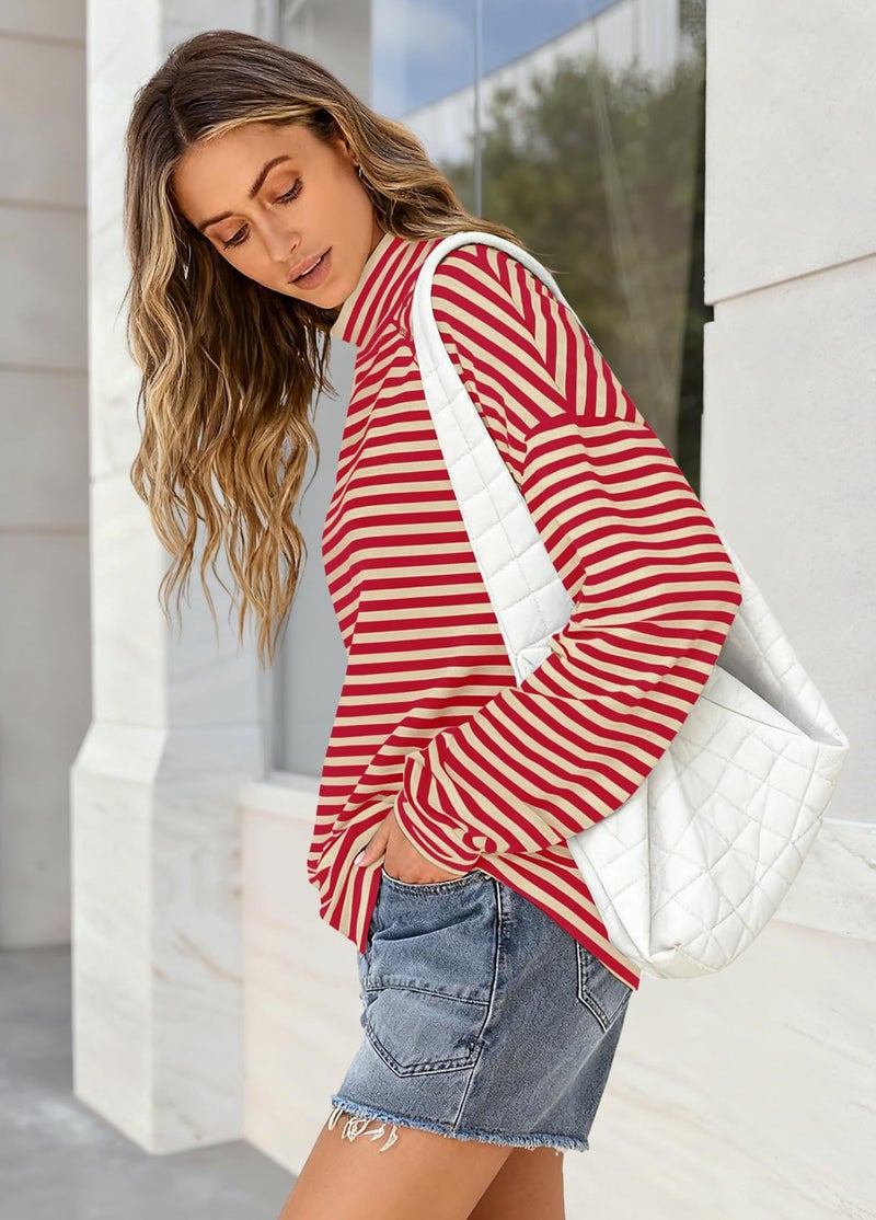 Yanekop Womens Striped Mock Neck Shirts Oversized Long Sleeve Tops Casual Pullover Tops Fall Fashion Basic Tees(Beige Red Combo,L) - Image 4